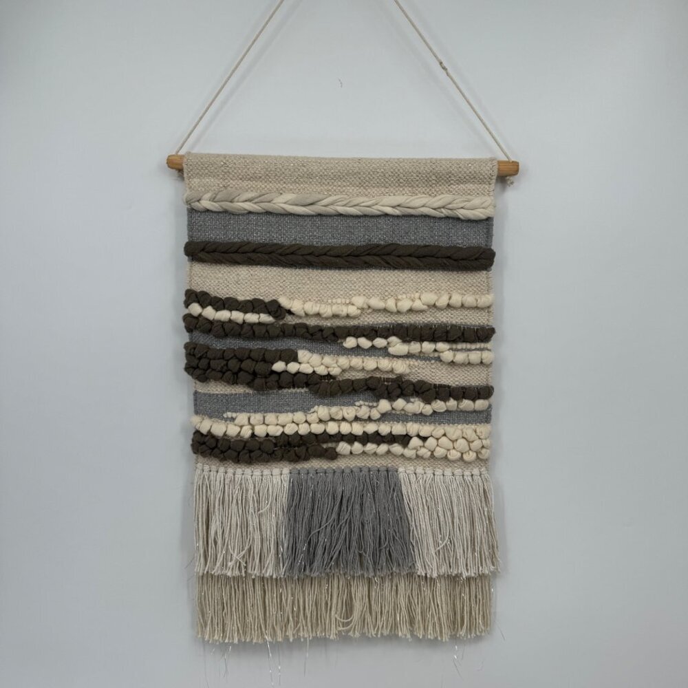 Large neutral woven tapestry boho bohemian style wall decor hanging fiber fringe